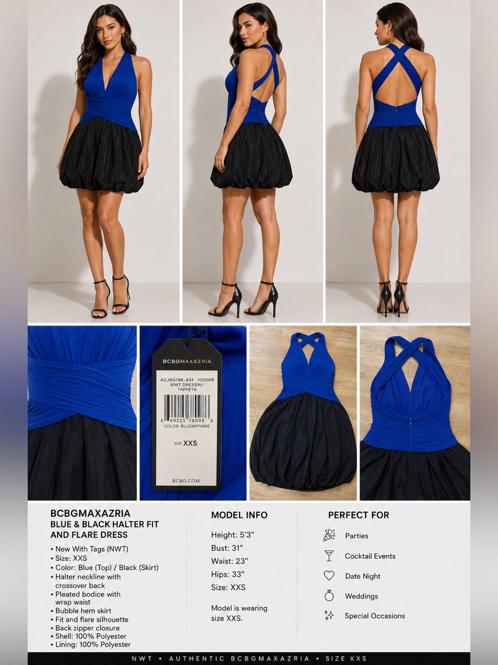 NWT BCBGMAXAZRIA Sapphire Blue Halter Bubble Hem Dress XXS Open Back Fit & Flare